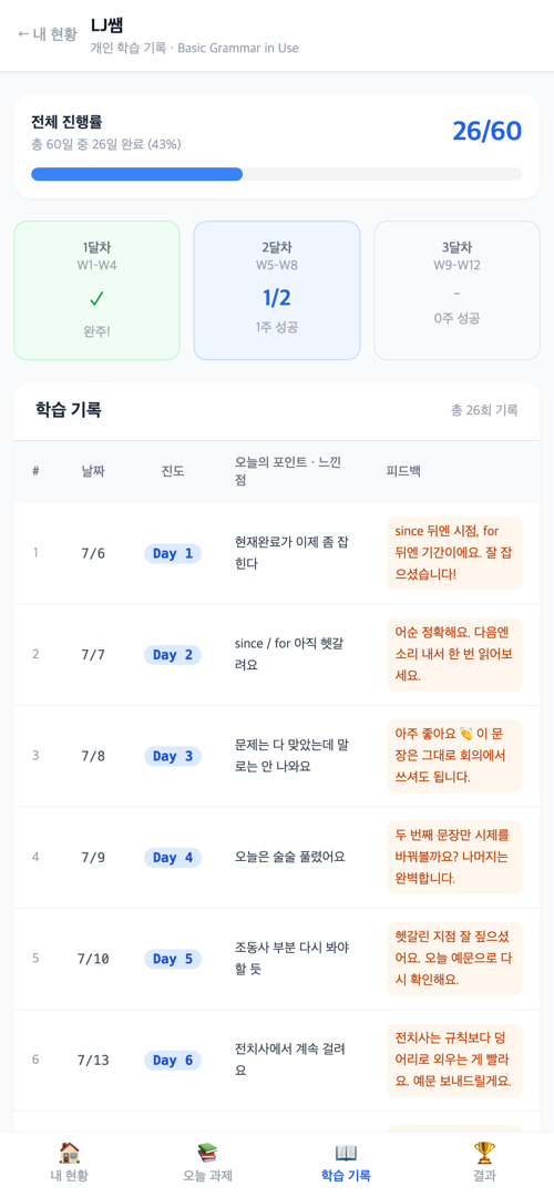 본 챌린지 앱 학습 기록 화면 — 날짜별 진도와 그날 남긴 느낀점, 선생님 피드백이 줄마다 붙어 있는 표